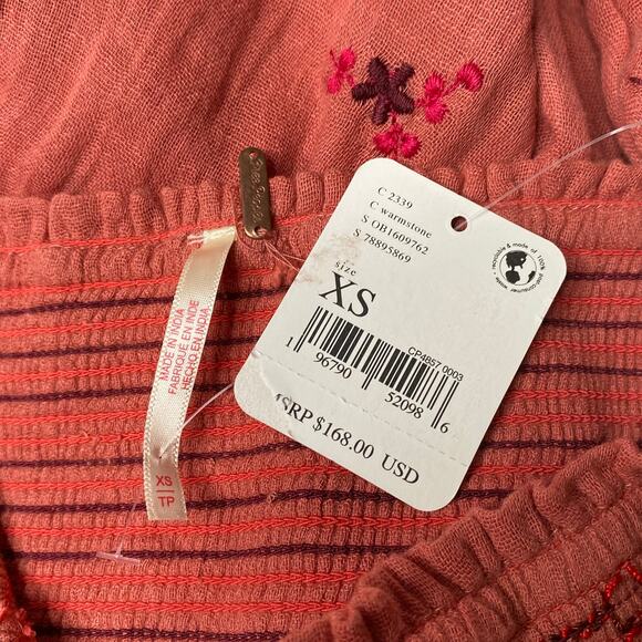 Free People Dahlia Jumpsuit Floral Wide Leg Smocked Pink Red XS Embroidery Boho - Picture 6 of 9